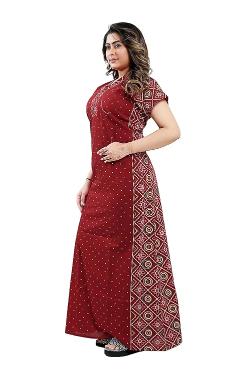 Zairra Women Cotton Nighty – Deep Red Maxi with Ethnic Yoke & Sleeves - Breathable Pull-On Nightwear