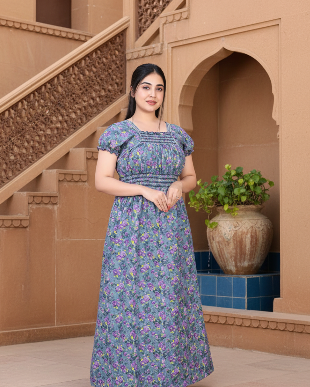 Zairra Women’s Cotton Printed Maxi Nightgown – Blue Floral Design (Free Size)