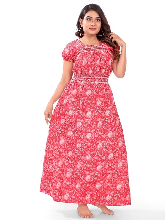 Zairra Women’s Cotton Nightgown – Pink Abstract Printed Maxi Nightwear
