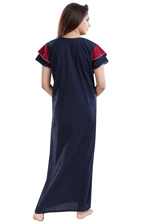 Zairra Women’s Cotton Printed Maxi Nightgown – Dual Tone Comfort in Navy & Maroon