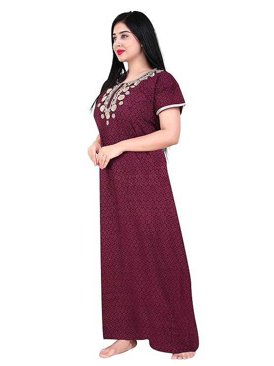 Zairra Women’s Cotton Printed Maxi Nightgown – Maroon with Golden Embroidered Yoke (Free Size, Zipper Closure)