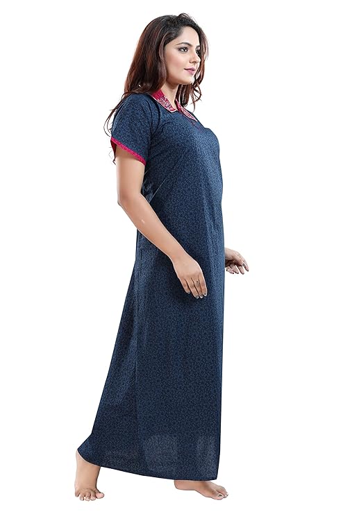 Zairra Women’s Solid Cotton Maxi Nightgown – Navy Blue with Contrast Embroidered Collar