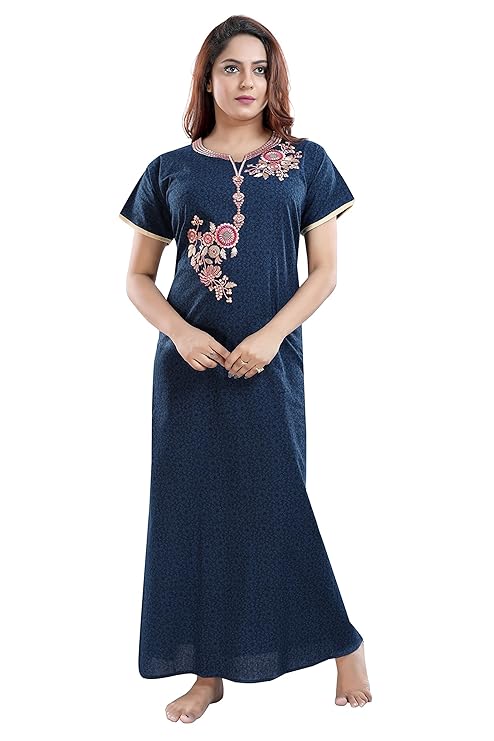 Zairra Embroidered Cotton Full-Length Maxi Nighty for Women – Navy Blue with Floral Embroidery, Free Size