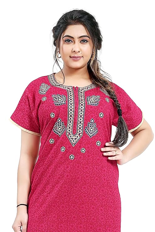 Zairra Embroidered Cotton Nighty for Women – Magenta Pink with Zipper Closure