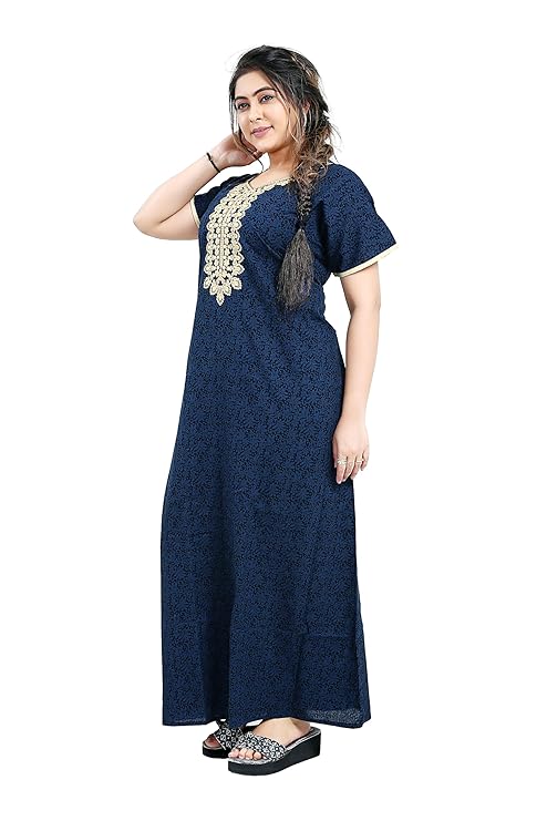 Zairra Blue Embroidered Cotton Nighty for Women – Soft Cotton, Maxi Fit