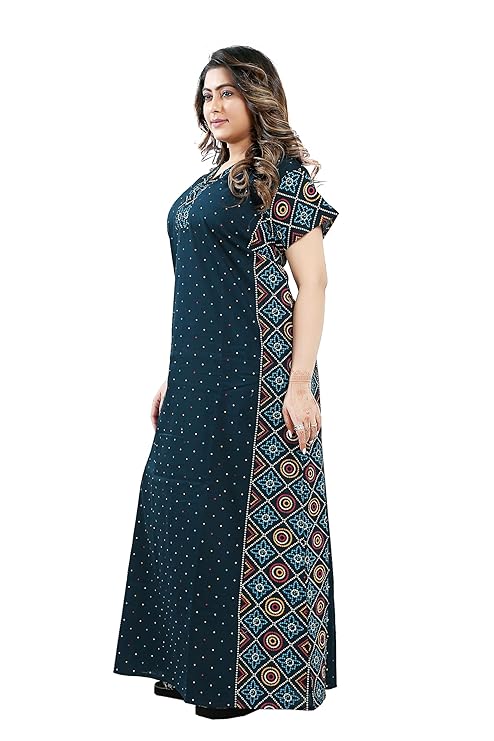 Zairra Women Cotton Nighty – Navy Blue with Ethnic Yoke & Side Panel - Soft Pull-On Maxi Nightwear