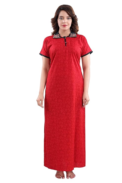 Zairra Embroidered Cotton Full-Length Nightgown with Collar Neck for Women – Red with Black Embroidery, Free Size
