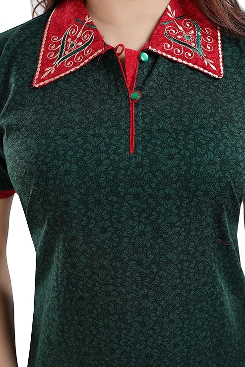 Zairra Embroidered Cotton Full-Length Nightgown for Women – Bottle Green with Red Collar Neck, Free Size