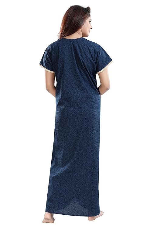 Zairra Embroidered Cotton Full-Length Maxi Nighty for Women – Navy Blue with Floral Embroidery, Free Size