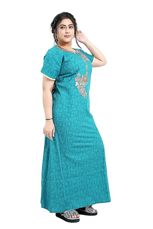 Zairra Embroidered Cotton Nightgown for Women – Teal Blue with Floral Embroidery