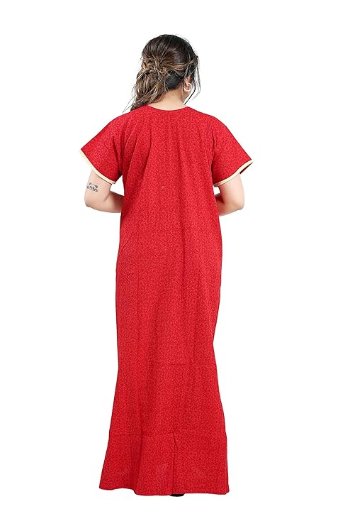 Zairra Red Embroidered Cotton Nighty for Women