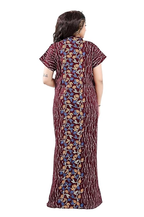 Zairra Brown Printed Cotton Nighty for Women – Front Zipper, Maxi Fit, Soft Cotton