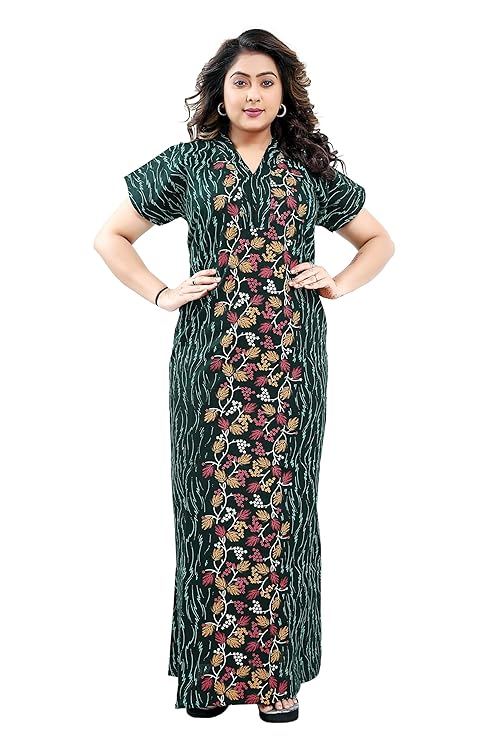Zairra Green Printed Cotton Nighty for Women – Front Zipper, Relaxed Maxi Fit