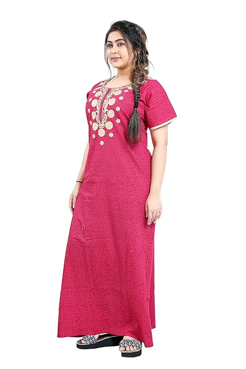 Zairra Printed Cotton Zipper Nightdress for Women – Dark Rose Pink with Golden Embroidery