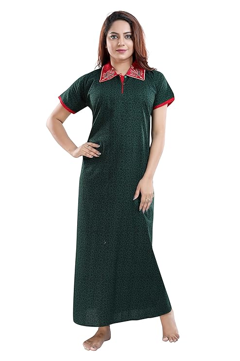 Zairra Embroidered Cotton Full-Length Nightgown for Women – Bottle Green with Red Collar Neck, Free Size