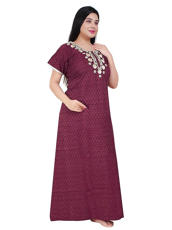 Zairra Women’s Cotton Printed Maxi Nightgown – Maroon with Golden Embroidered Yoke (Free Size, Zipper Closure)