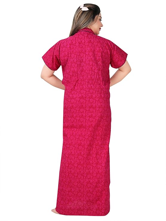 Zairra Pink Printed Cotton Maxi Nighty for Women – Button Front, Free Size