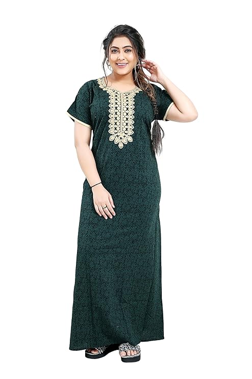 Zairra Embroidered Cotton Maxi Nighty for Women – Deep Green