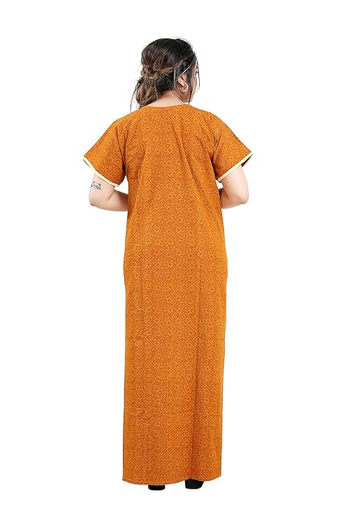 Zairra Embroidered Cotton Nightgown for Women – Rust Orange with Floral Neck Embroidery