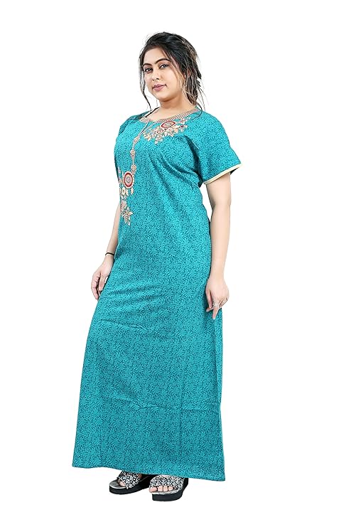 Zairra Embroidered Cotton Nightgown for Women – Teal Blue with Floral Embroidery