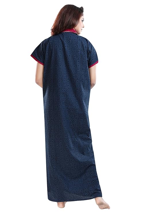 Zairra Women’s Solid Cotton Maxi Nightgown – Navy Blue with Contrast Embroidered Collar