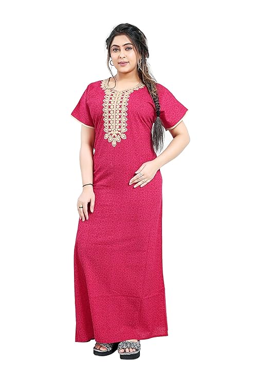 Zairra Embroidered Cotton Maxi Nighty for Women – Pink