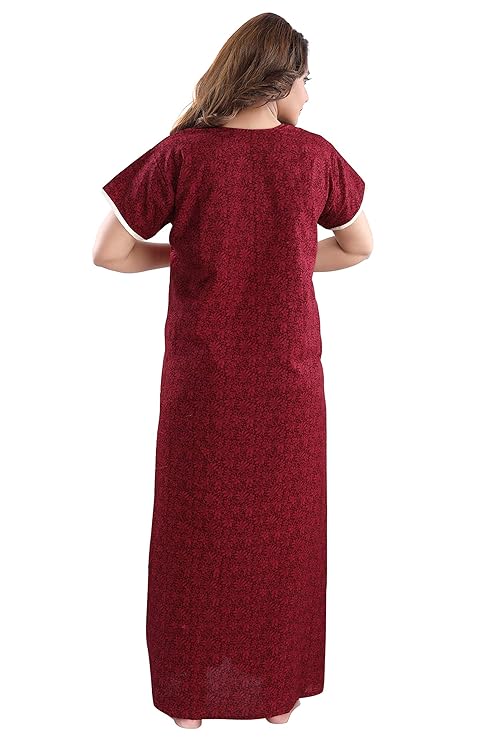 Zairra Embroidered Cotton Full-Length Nightgown for Women – Wine Red with Blue & White Embroidery, Free size