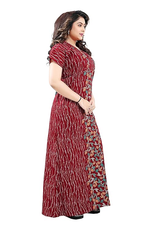 Zairra Red Cotton Nighty for Women – Front Zip, Full-Length, 100% Cotton