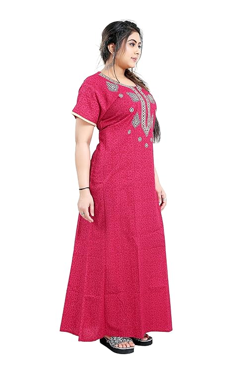 Zairra Embroidered Cotton Nighty for Women – Magenta Pink with Zipper Closure