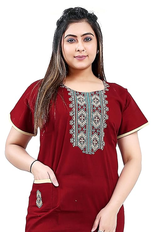 Zairra Women’s Cotton Embroidered Nightgown with Pocket – Elegant Red Maxi Sleepwear
