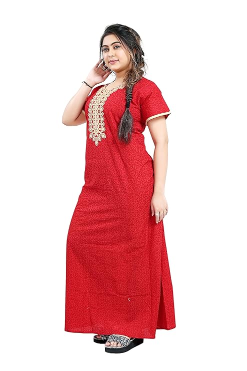 Zairra Red Embroidered Cotton Nighty for Women