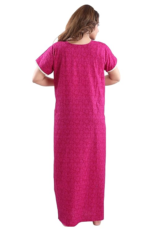 Zairra Embroidered Cotton Maxi Nightgown for Women – Magenta Pink with White Floral Embroidery