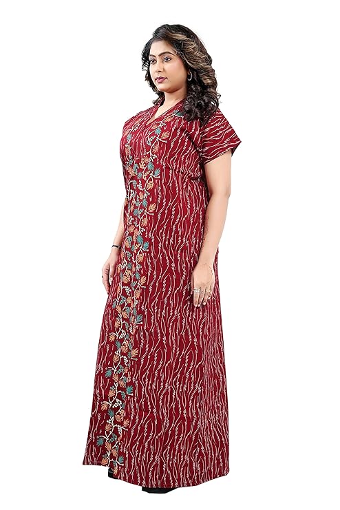 Zairra Red Cotton Nighty for Women – Front Zip, Full-Length, 100% Cotton