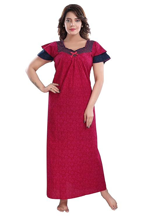 Zairra Embroidered Cotton Maxi Nightgown – Pink & Blue, Free Size
