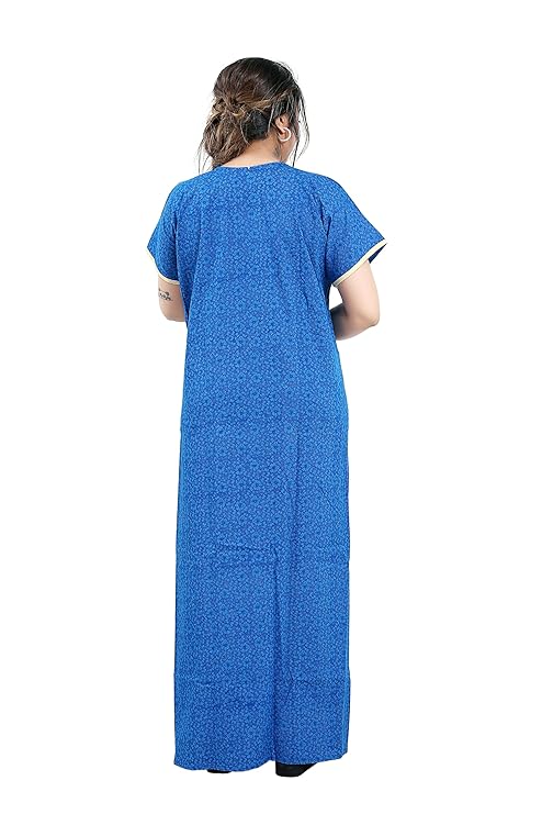 Zairra Embroidered Cotton Nightgown for Women – Royal Blue with Floral Embroidery