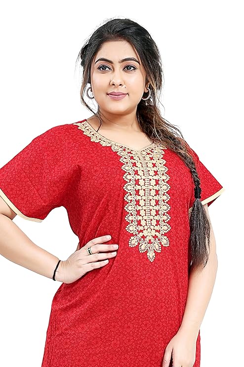 Zairra Red Embroidered Cotton Nighty for Women