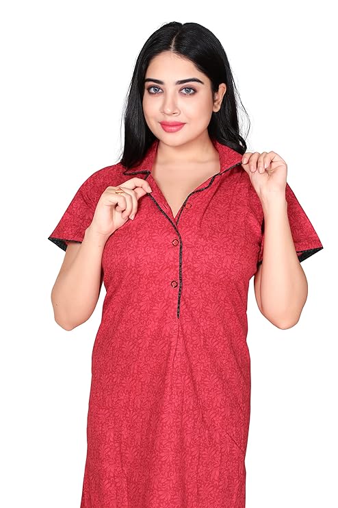 Zairra Solid Cotton Maxi Nighty for Women – Red with Button Closure (Free Size)