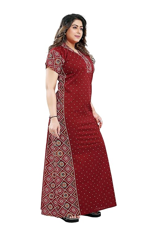 Zairra Women Cotton Nighty – Deep Red Maxi with Ethnic Yoke & Sleeves - Breathable Pull-On Nightwear