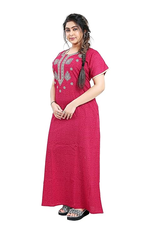 Zairra Embroidered Cotton Nighty for Women – Magenta Pink with Zipper Closure