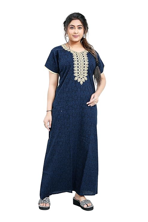 Zairra Blue Embroidered Cotton Nighty for Women – Soft Cotton, Maxi Fit
