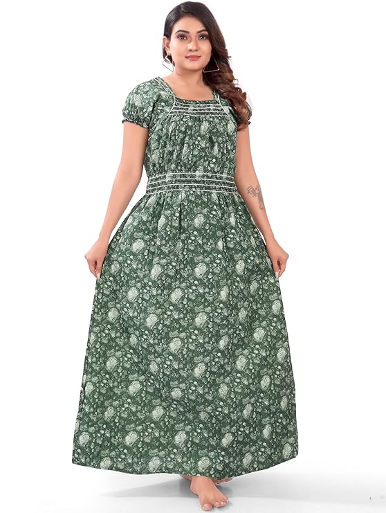 Zairra Women’s Cotton Nightgown – Dark Green with White Floral Tie-Dye Print