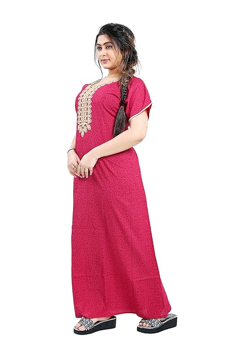 Zairra Embroidered Cotton Maxi Nighty for Women – Pink