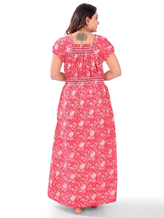 Zairra Women’s Cotton Nightgown – Pink Abstract Printed Maxi Nightwear