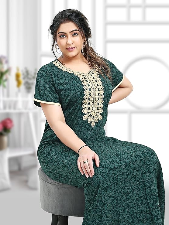Zairra Embroidered Cotton Maxi Nighty for Women – Deep Green