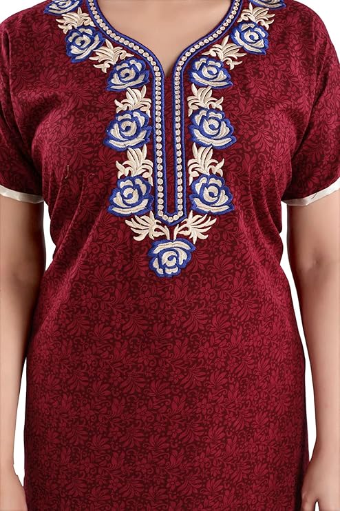Zairra Embroidered Cotton Full-Length Nightgown for Women – Wine Red with Blue & White Embroidery, Free size