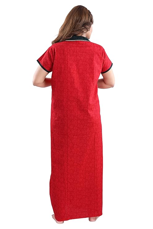 Zairra Embroidered Cotton Full-Length Nightgown with Collar Neck for Women – Red with Black Embroidery, Free Size