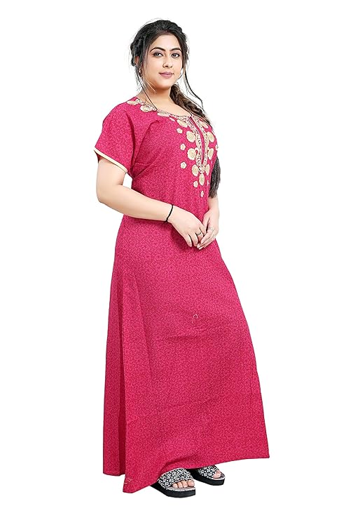 Zairra Printed Cotton Zipper Nightdress for Women – Dark Rose Pink with Golden Embroidery