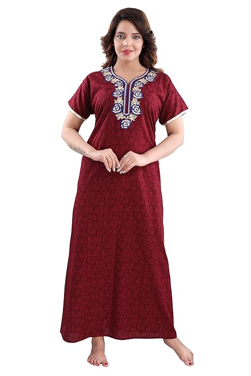 Zairra Embroidered Cotton Full-Length Nightgown for Women – Wine Red with Blue & White Embroidery, Free size