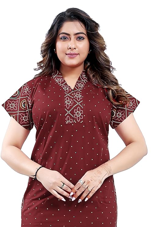 Zairra Women Cotton Nighty – Deep Red Maxi with Ethnic Yoke & Sleeves - Breathable Pull-On Nightwear