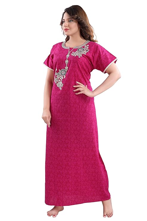 Zairra Embroidered Cotton Maxi Nightgown for Women – Magenta Pink with White Floral Embroidery